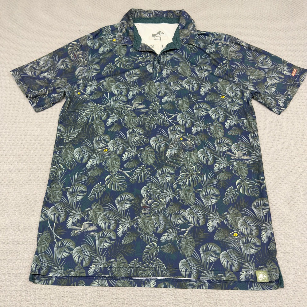 RSVLTS Jurassic Park Breakfast Balls Golf Polo Shirt Mens Large Tropical Green